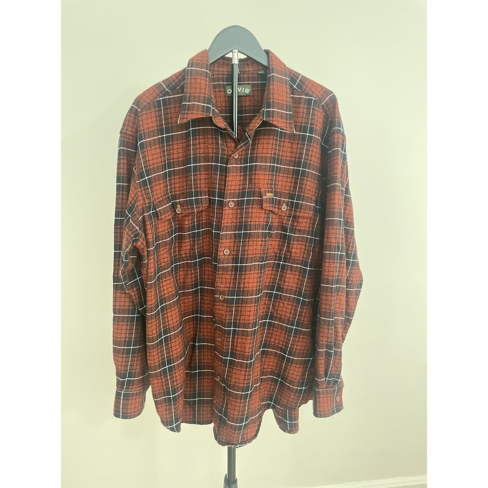 Orvis Men's Perfect Flannel Shirt Red Black White Plaid Button Up Long Sleeve XL